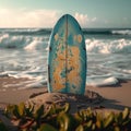 Beachside allure Surfboard stuck in the sand on the shore