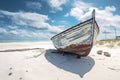 Beachside allure, Weathered boat nestled on white sand, under cloudy skies