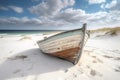 Beachside allure, Weathered boat nestled on white sand, under cloudy skies