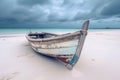 Beachside allure, Weathered boat nestled on white sand, under cloudy skies