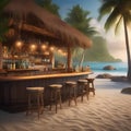 A beachside bar set against a backdrop of surfboards, swaying palm trees, and tropical cocktails served in coconut shells1 Royalty Free Stock Photo