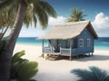 Beachside Bliss. Rustic Cabin with Palms Overlooking the Sea.