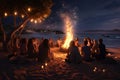 Beachside bonfire with friends sharing stories. Generative ai