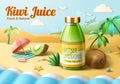 Beachside green kiwi juice promo ad Royalty Free Stock Photo