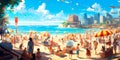beachside Labor Day celebration background, with people enjoying sunbathing, swimming, beach volleyball. Generative AI