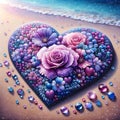 Diamond art painting in purple heart with flowers on the beach.