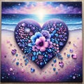 Diamond art painting in purple heart with flowers on the beach. Royalty Free Stock Photo