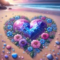 Diamond art painting in purple heart with flowers on the beach. Royalty Free Stock Photo