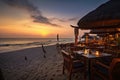beachside restaurant with a view of the sunset, serving seafood and cocktails