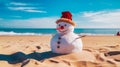 Beachside Snowman: A Winter icon meets Summer sands.Generative AI