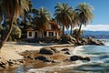 beachside villa amidst palm trees, perfect for an idyllic mediterranean getaway Royalty Free Stock Photo