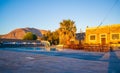Beachside house with a pool at dawn Santorini island Greece Royalty Free Stock Photo