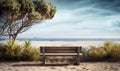 beachside wooden bench overlooking the sea, clear sky, generative ai Royalty Free Stock Photo