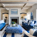 4 A beachy, coastal-inspired living room with a mix of blue and white upholstery, a large fireplace mantle with coastal decor, a