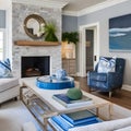 4 A beachy, coastal-inspired living room with a mix of blue and white upholstery, a large fireplace mantle with coastal decor, a