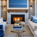 4 A beachy, coastal-inspired living room with a mix of blue and white upholstery, a large fireplace mantle with coastal decor, a