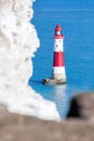 Beachy Head Lighthouse with chalk cliffs near the Eastbourne, East Sussex, England