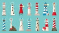 Beacon building. Lighthouses with searchlight, marine navigation coastline towers. Searchlight architecture towers