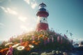 Beacon with colorful flora. Generate AI