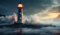 Beacon guides ships through dangerous dark waters at night generated by AI Royalty Free Stock Photo