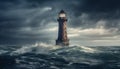 Beacon guides ships through dangerous rough waters generated by AI Royalty Free Stock Photo