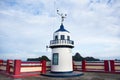 Beacon lighthouse and station measurement determination sea level on Saphan saranwithi bridge with island sea ocean at Prachuap