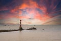 The beacon lighthouse under the gorgeous sunset by the sea Royalty Free Stock Photo