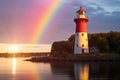 Beacon of safety Baltiysk port lighthouse, under a beautiful rainbow