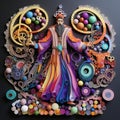 The Bead Alchemist surrounded by a magical array of vibrant beads