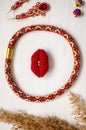 Beaded Necklace And Brooch Set. Red Garnet Soutache Jewelry On The White Wooden Background. Women Accessories