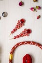 Beaded Necklace And Brooch Set. Red Garnet Soutache Jewelry On The White Wooden Background. Women Accessories