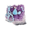 Beads of blue larimar stone,cabochon and pendant lie on amethyst stone on isolated white background. Larimar is the native stone