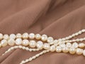 Beads of pearl on the brown fabric Royalty Free Stock Photo