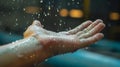 Beads of sweat glisten on a gymnasts palm as they press firmly against the vaulting table readying themselves for a Royalty Free Stock Photo