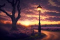 beaful evening sunset landscape with lit lamp post