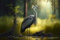 beaful gray crane bird stands on swamp in summer forest