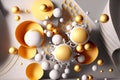 beaful installation with golden balls and light gray shapes as 3d render abstract geometric background, generative ai