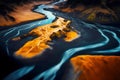 beaful landscape of dark streaks on iceland aerial river