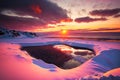 beaful pink orange sunset on snow-covered iceland beach