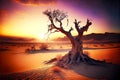 beaful sunset in desert and lonely dead tree