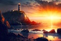 beaful sunset landscape with high lonely lighthouses on rocky sea slope