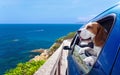 Beagle in a blue car Royalty Free Stock Photo