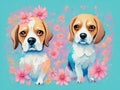 Beagle with colorful flower painted in watercolor on a white background.generative AI