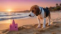 Adorable Beagle Puppy Exploring Pink Sandcastle at Sunset Beach Royalty Free Stock Photo