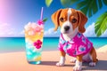 Beagle dog on the beach with tropical flowers and a cocktail. generative ai.