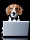 Beagle Dog With a Bow Tie Using a Laptop