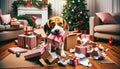 Beagle Dog with Damaged Gifts and Christmas Tree