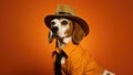 Beagle Dog Dressed As A Cowboy On Orange Color Background
