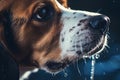 Beagle dog drinking water close-up