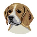 Beagle dog, English dog breed, brown beige face face silhouette, colored squares, pixels. Beagle breed silhouette